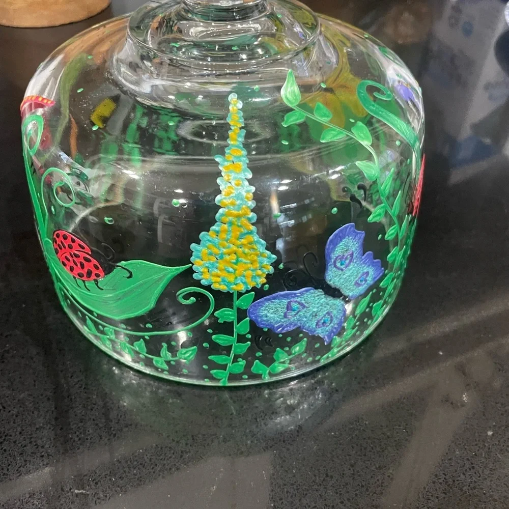 Hand-Painted Glass Cloche with Butterfly and Ladybug Accents